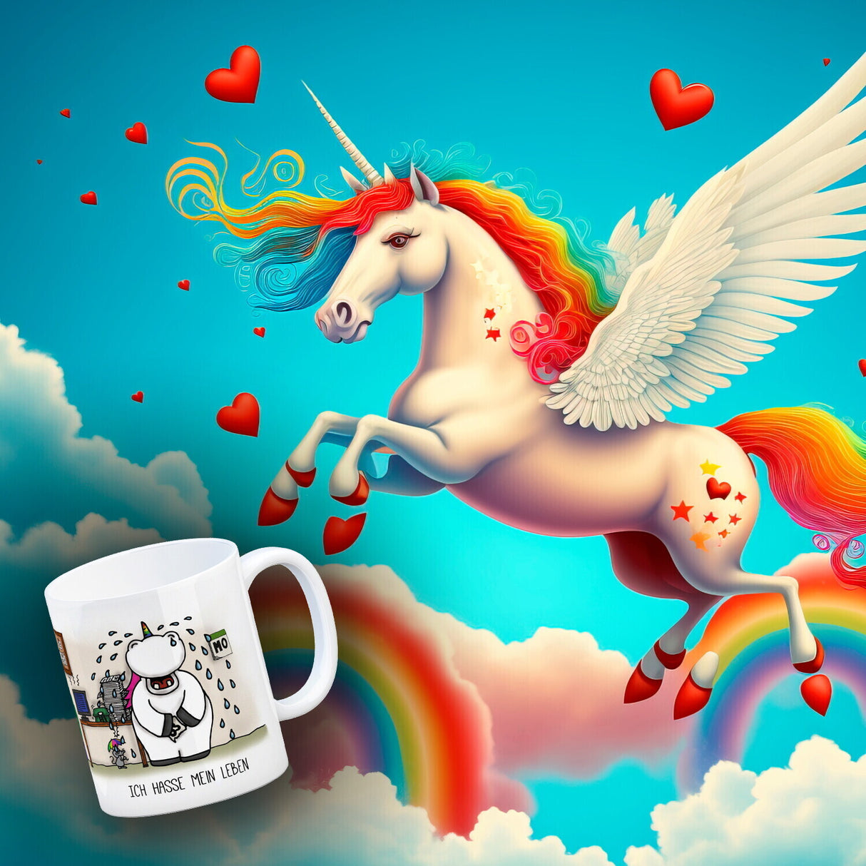 Honeycorns Kaffeebecher mit Einhorn Motiv und Spruch: Ich hasse mein Leben