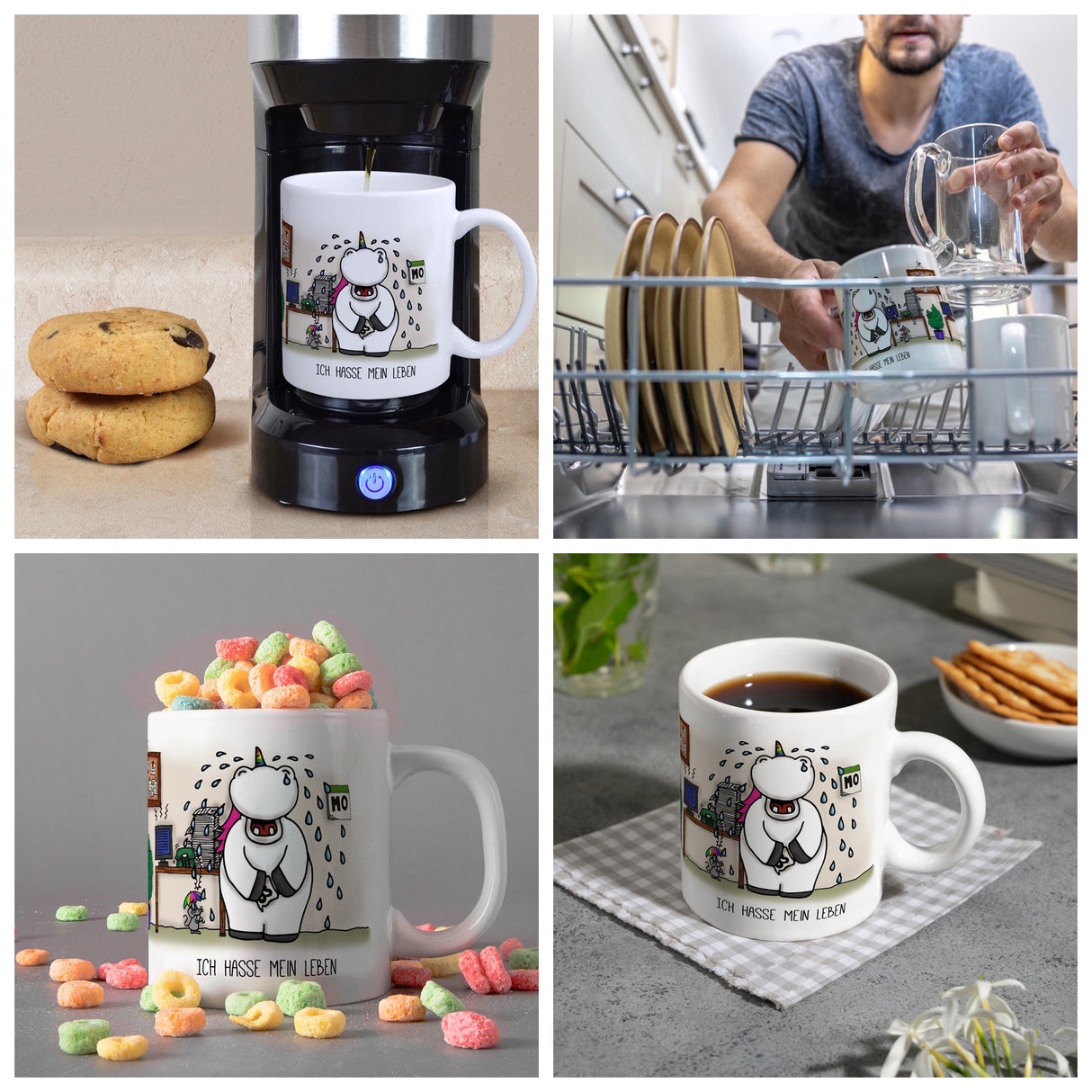 Honeycorns Kaffeebecher mit Einhorn Motiv und Spruch: Ich hasse mein Leben