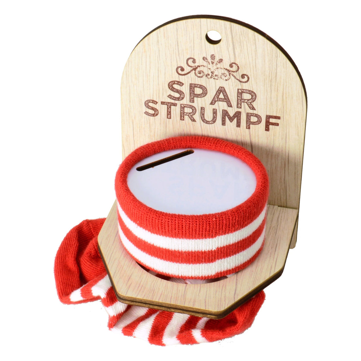Sparstrumpf Spardose mit Holzhalterung
