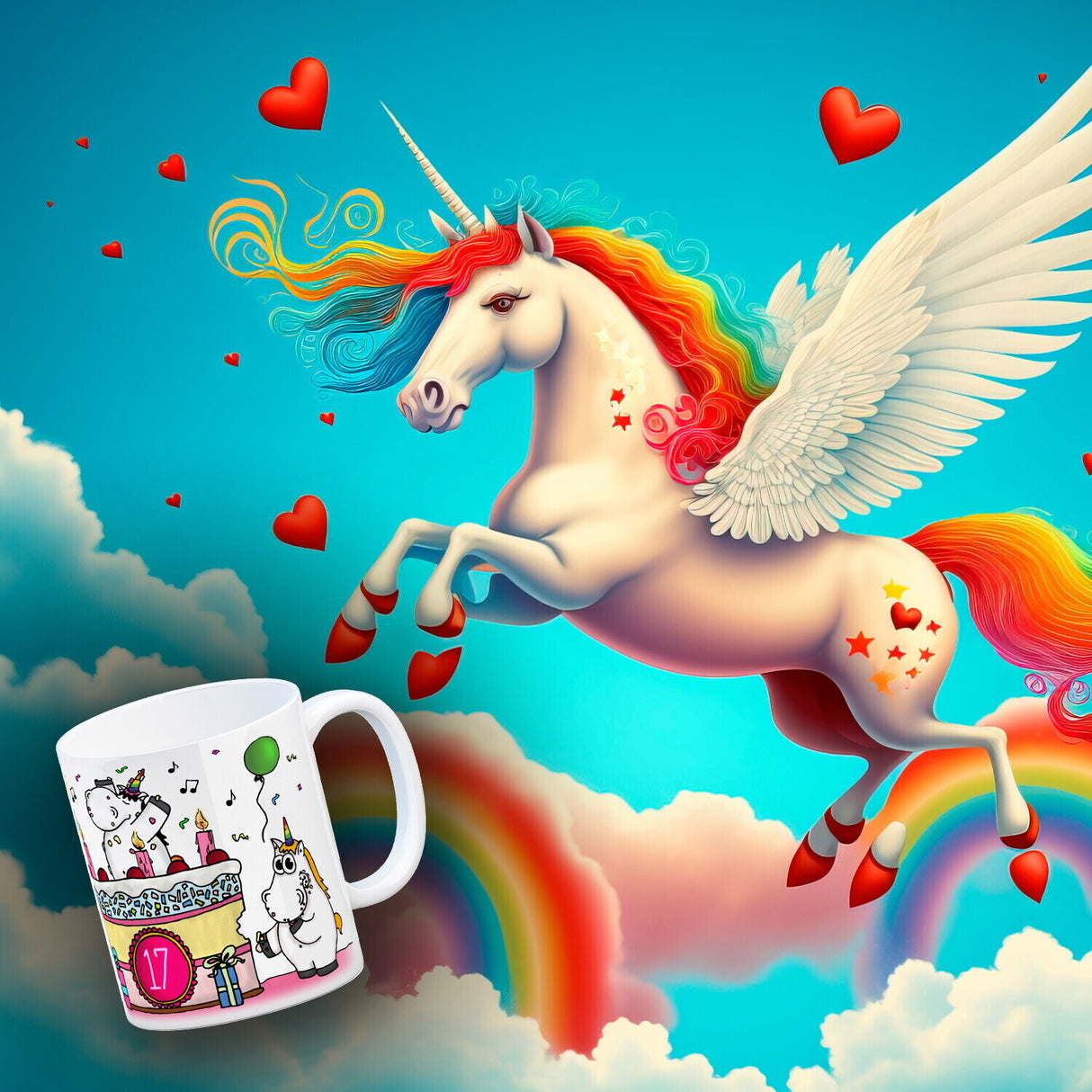 Kaffeebecher mit Einhorn Geburtstagsparty Motiv zum 17. Geburtstag