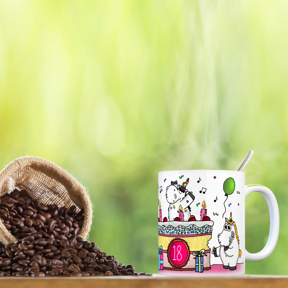 Honeycorns Kaffeebecher mit Einhorn Geburtstagsparty Motiv zum 18. Geburtstag