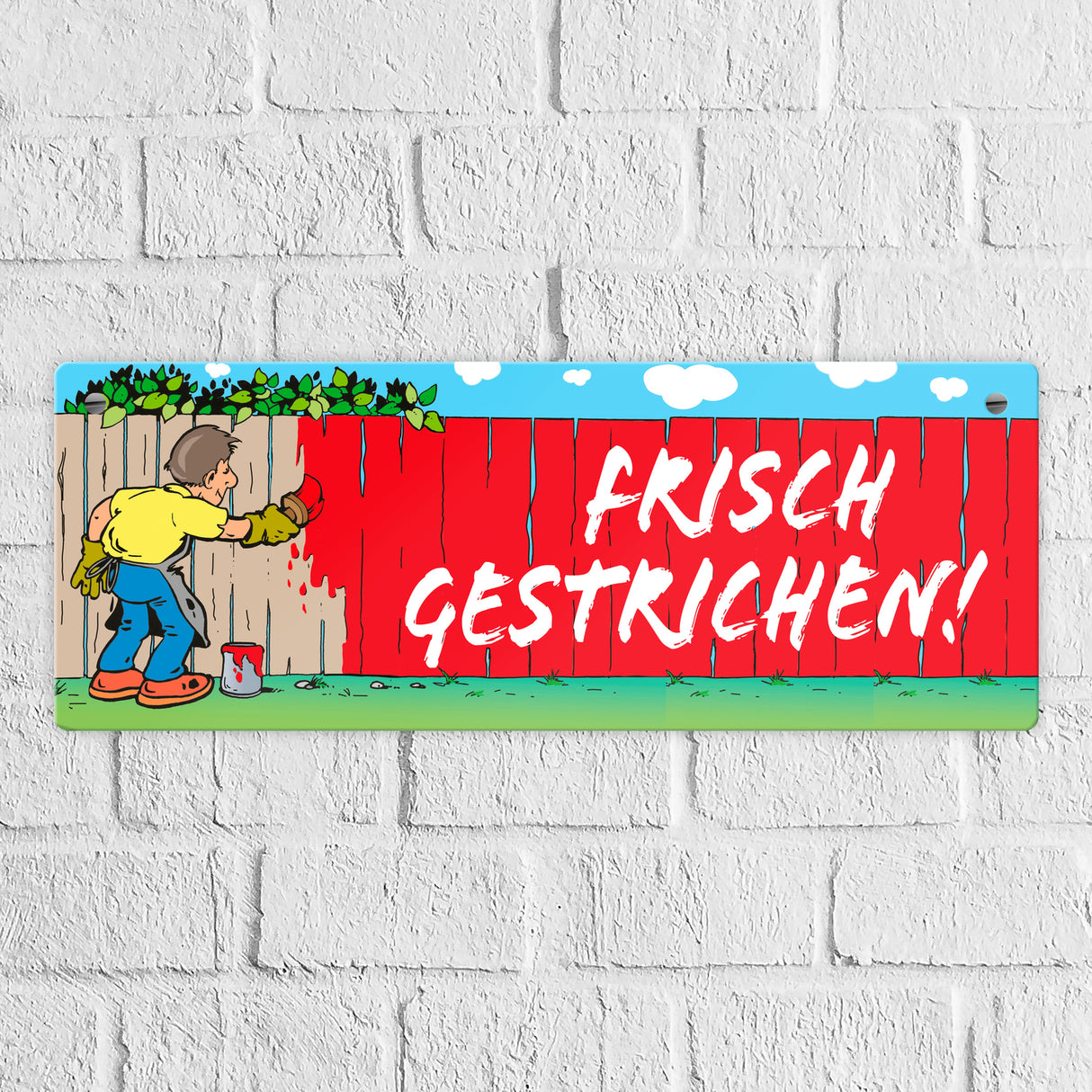 Frisch gestrichen! Maler am Gartenzaun Metallschild L in 10,5x28cm