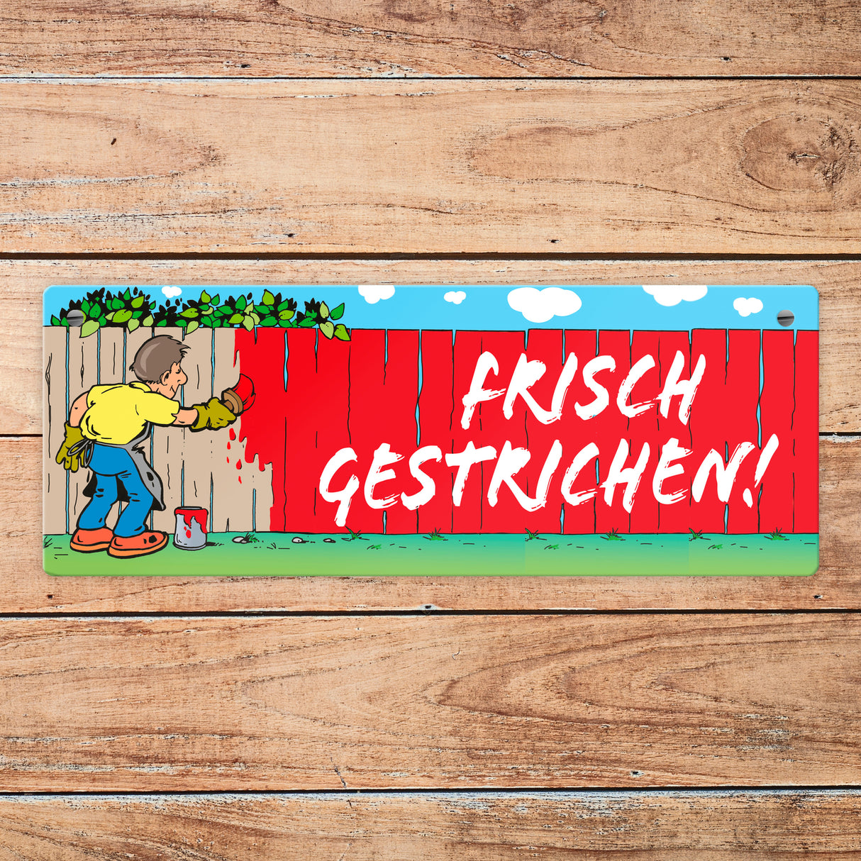 Frisch gestrichen! Maler am Gartenzaun Metallschild L in 10,5x28cm