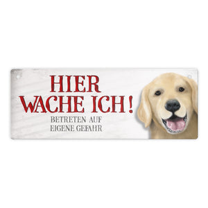 Metallschild mit Golden Retriever Motiv und Spruch: Betreten auf eigene Gefahr ...