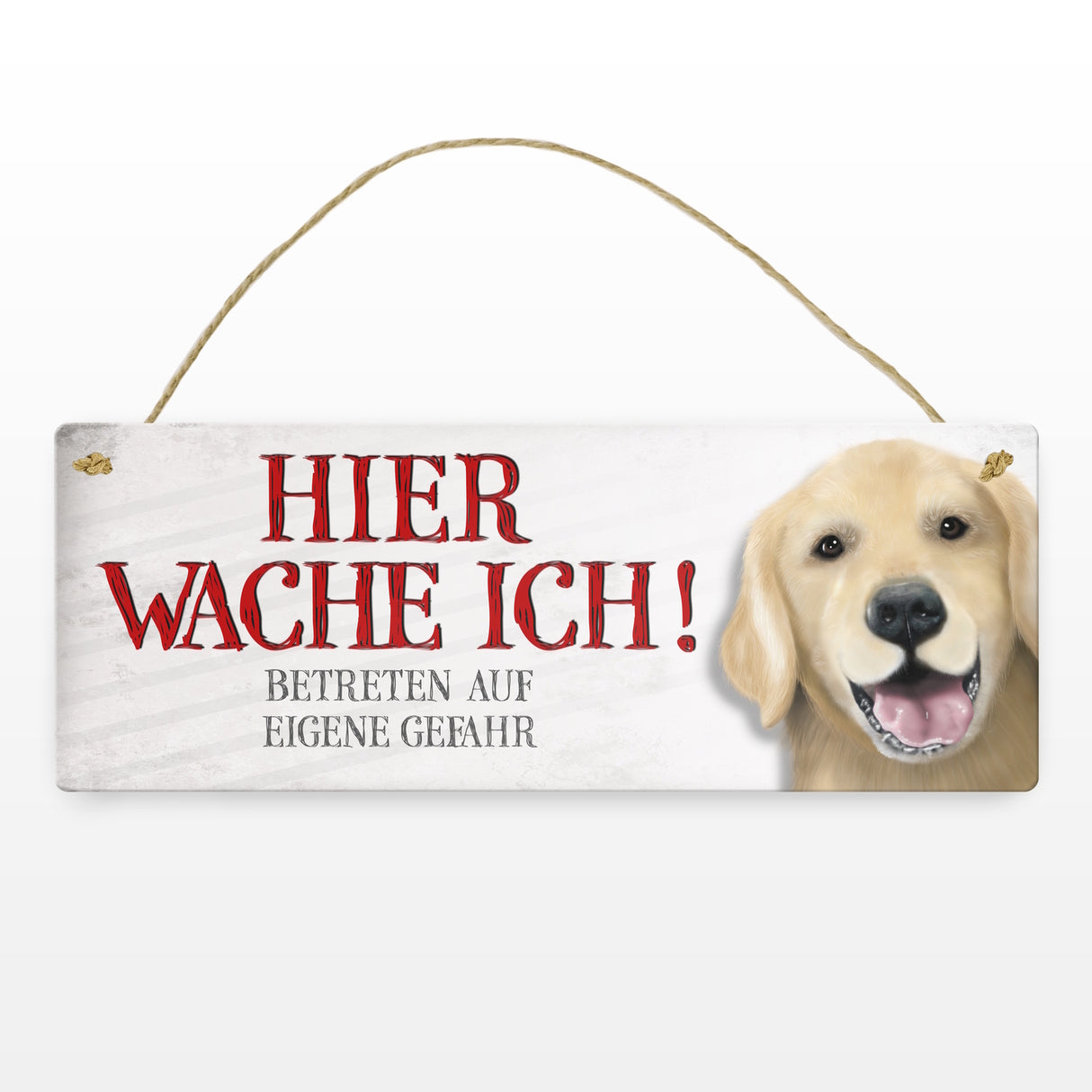 Metallschild mit Golden Retriever Motiv und Spruch: Betreten auf eigene Gefahr ...