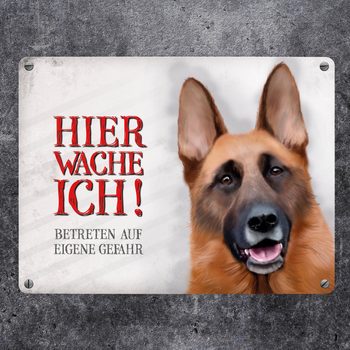 Metallschild mit Schäferhund Motiv und Spruch: Betreten auf eigene Gefahr ...