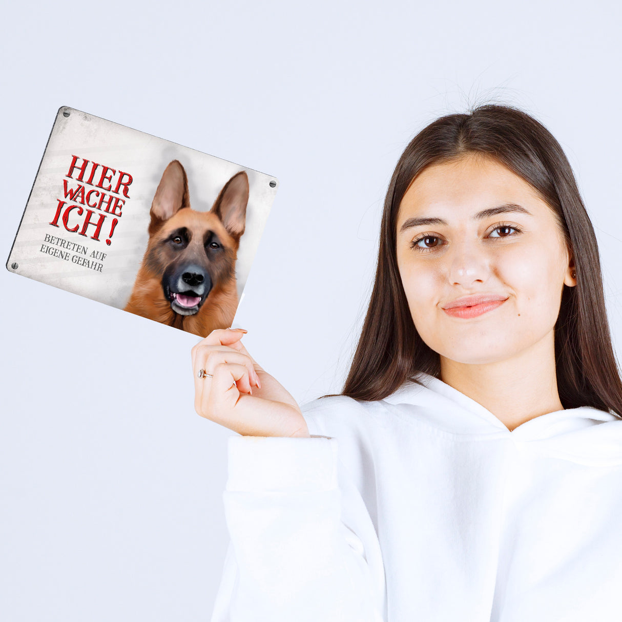 Metallschild mit Schäferhund Motiv und Spruch: Betreten auf eigene Gefahr ...