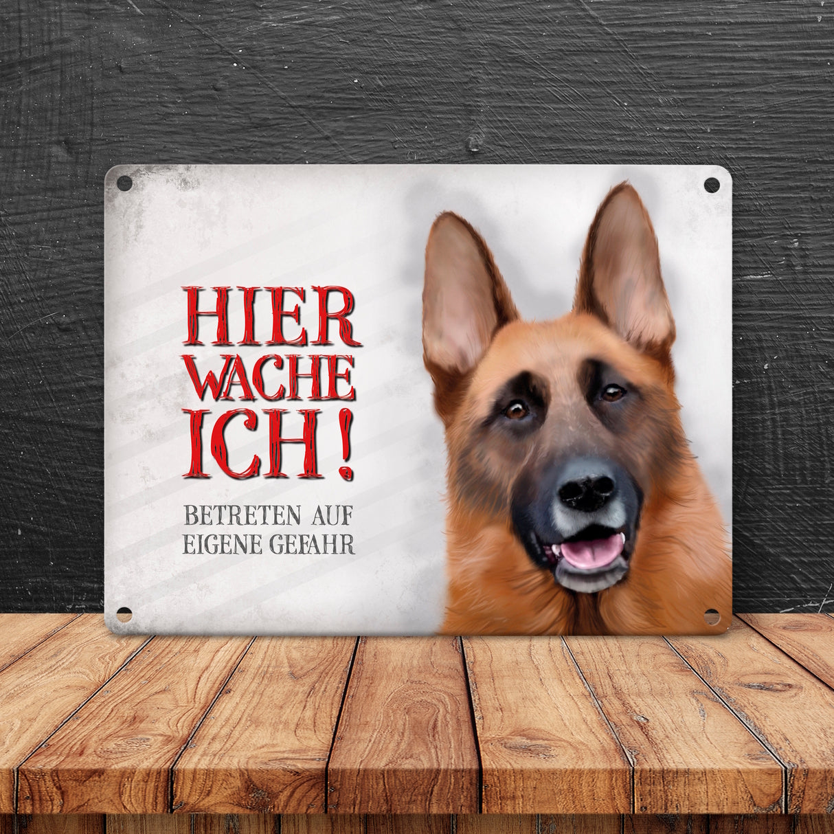 Metallschild mit Schäferhund Motiv und Spruch: Betreten auf eigene Gefahr ...