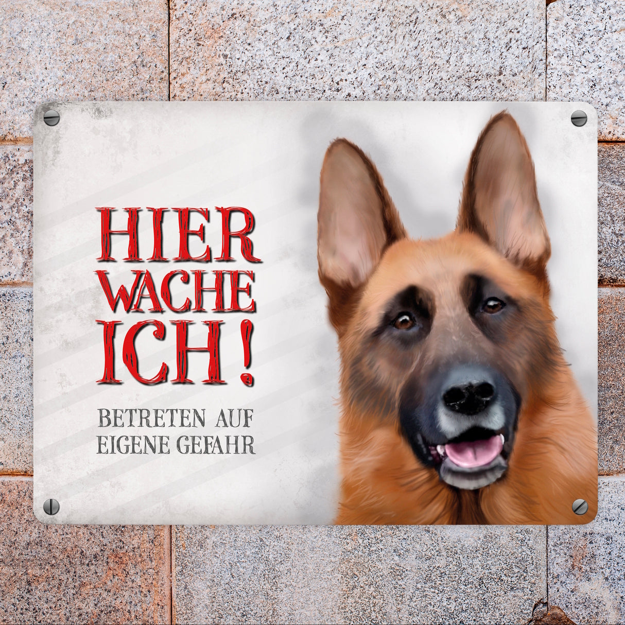 Metallschild mit Schäferhund Motiv und Spruch: Betreten auf eigene Gefahr ...