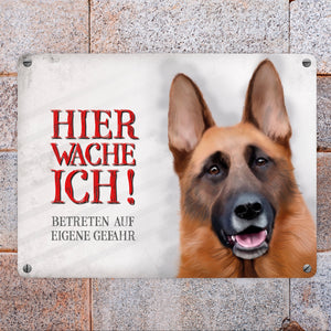 Metallschild mit Schäferhund Motiv und Spruch: Betreten auf eigene Gefahr ...