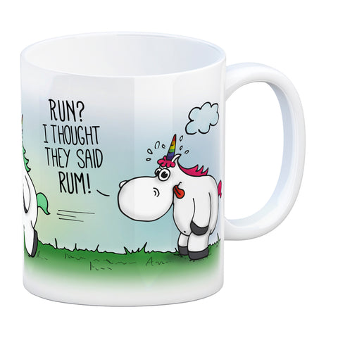 Honeycorns Kaffeebecher mit Einhorn Motiv und Spruch: RUN? I thought they said RUM!