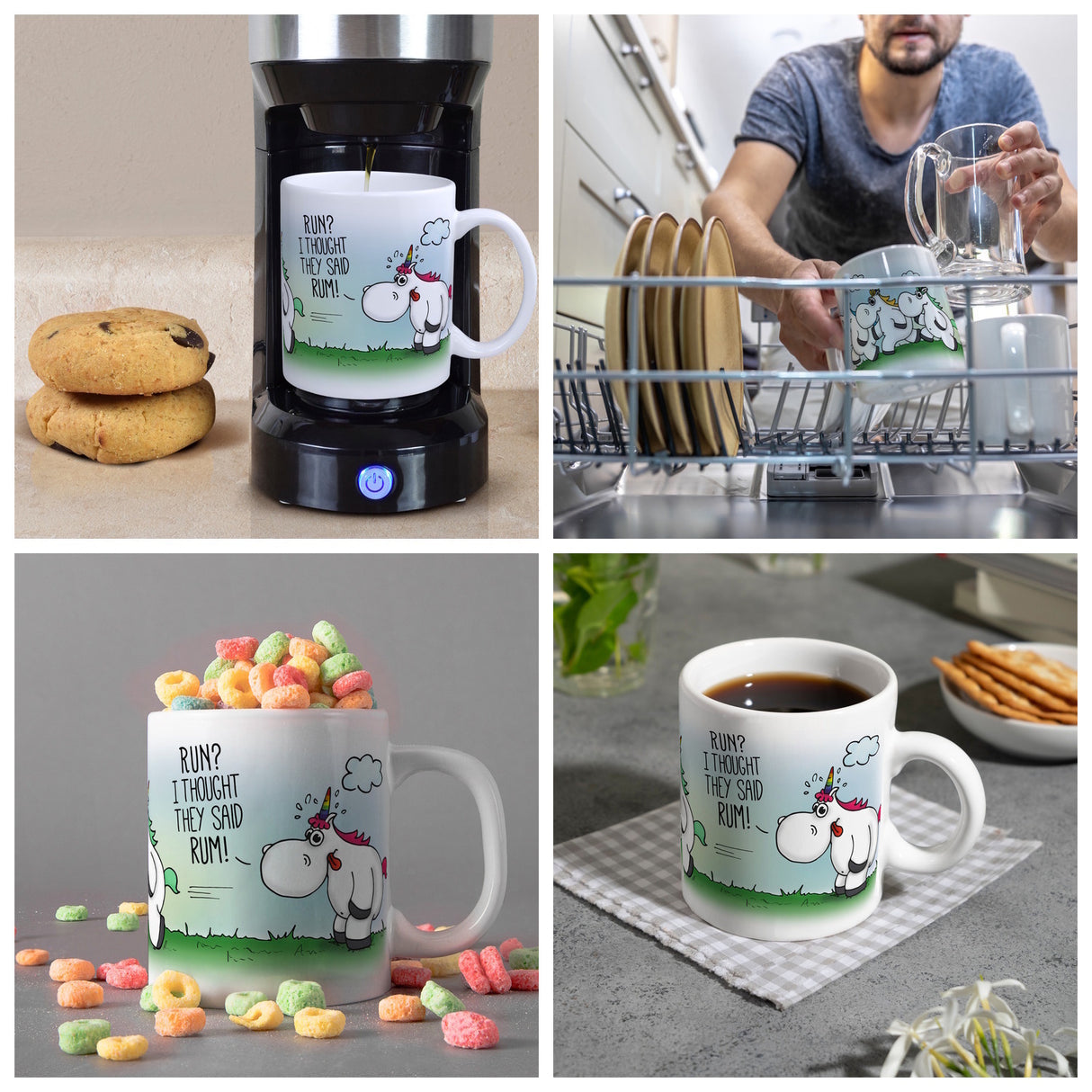 Honeycorns Kaffeebecher mit Einhorn Motiv und Spruch: RUN? I thought they said RUM!