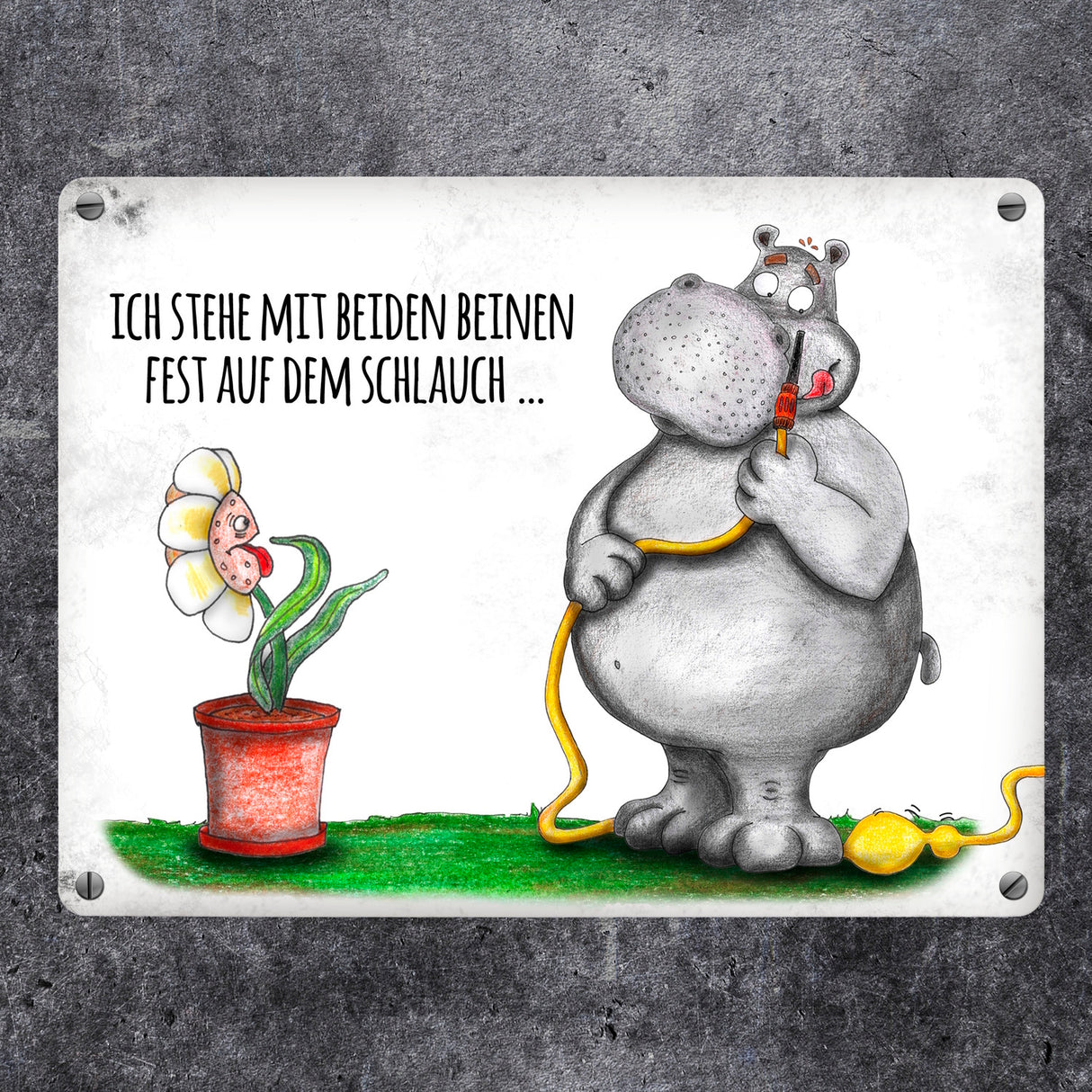 Mit beiden Beinen auf dem Schlauch… Nilpferd Metallschild