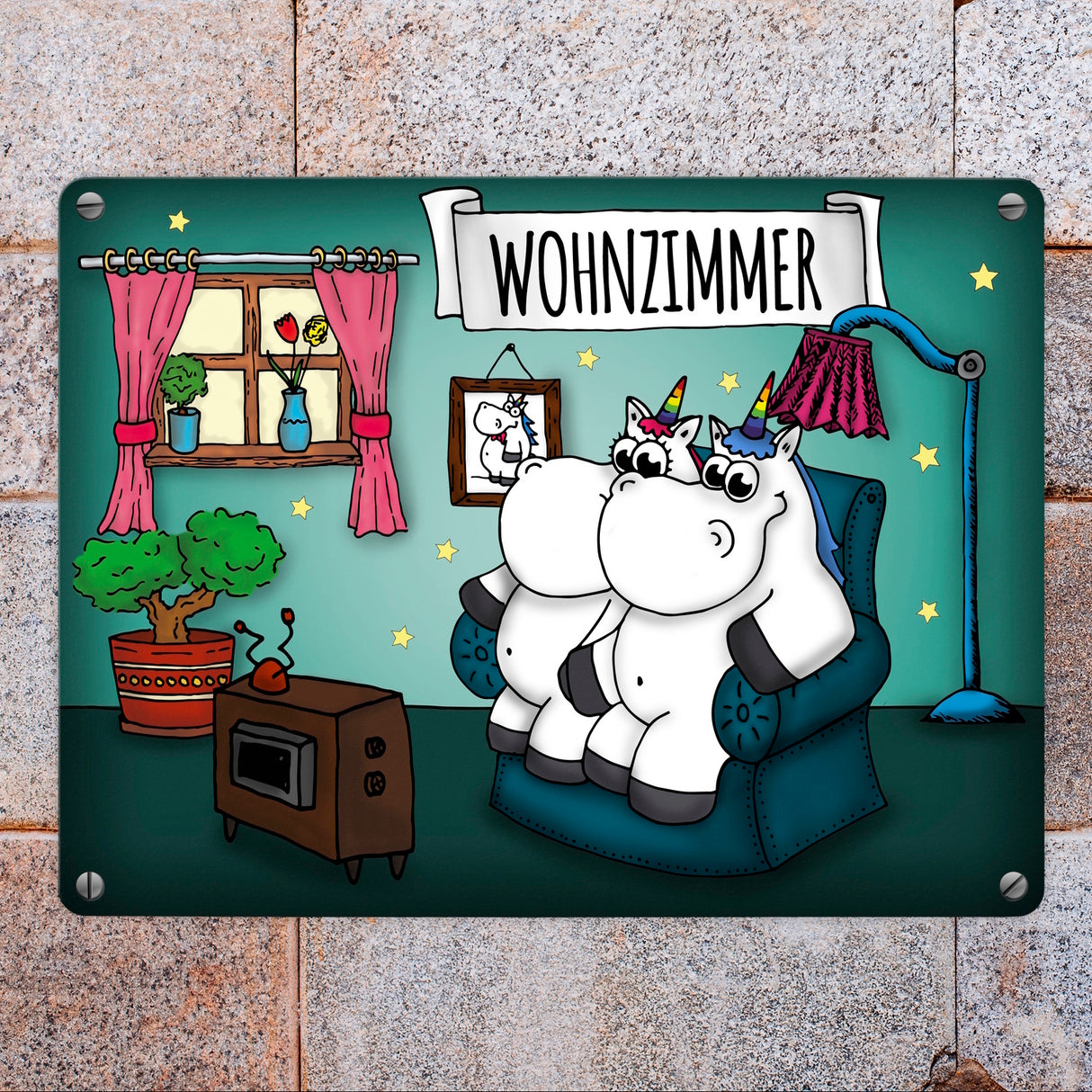 Honeycorns Metallschild mit Einhorn Wohnzimmer Motiv