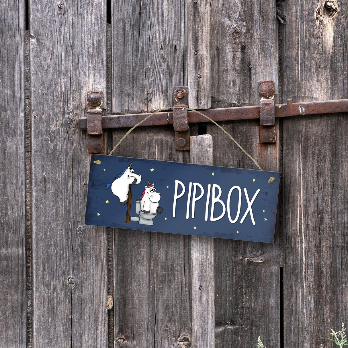 Honeycorns Metallschild mit Einhorntoilette Motiv und Spruch: Pipibox