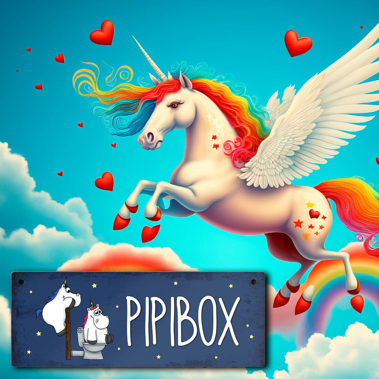 Honeycorns Metallschild mit Einhorntoilette Motiv und Spruch: Pipibox