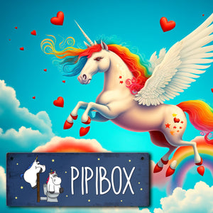 Honeycorns Metallschild mit Einhorntoilette Motiv und Spruch: Pipibox