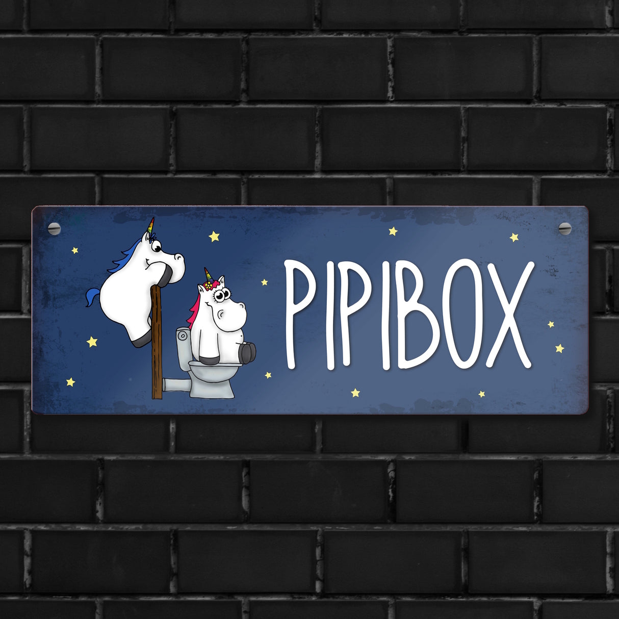 Honeycorns Metallschild mit Einhorntoilette Motiv und Spruch: Pipibox