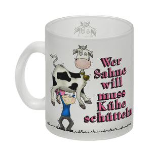 Kaffeebecher mit geschüttelte Kuh Motiv und Spruch: Wer Sahne will muss Kühe schütteln