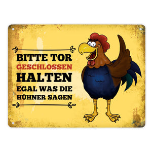 Bitte Tor geschlossen halten Metallschild mit Hahn Motiv - Huhn Hühnerstall Tür