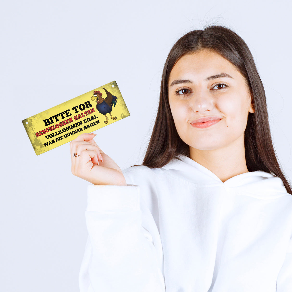Metallschild Dangler mit Hahn Motiv und Spruch: Bitte Tor geschlossen halten ...