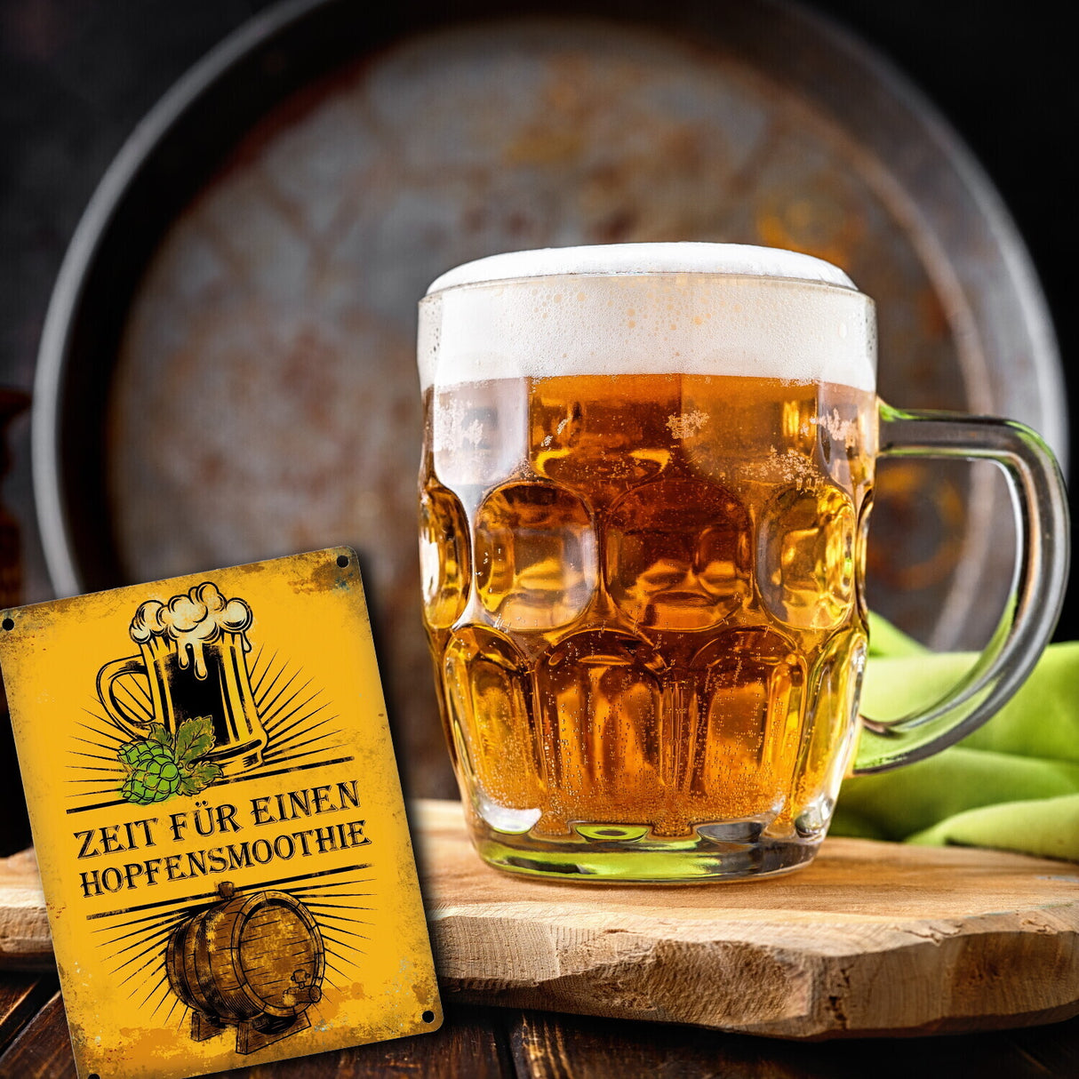 Metallschild mit Bier Motiv und Spruch: Zeit für einen Hopfensmoothie