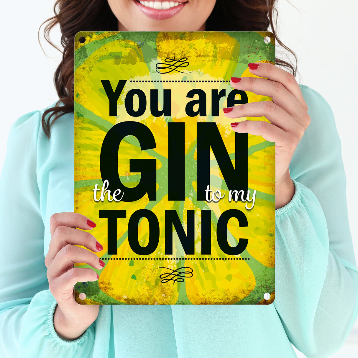 Metallschild mit Gin Tonic Motiv und Spruch: Gin to my Tonic
