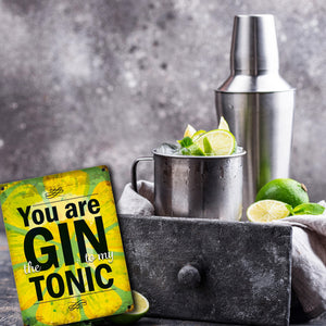 Metallschild mit Gin Tonic Motiv und Spruch: Gin to my Tonic