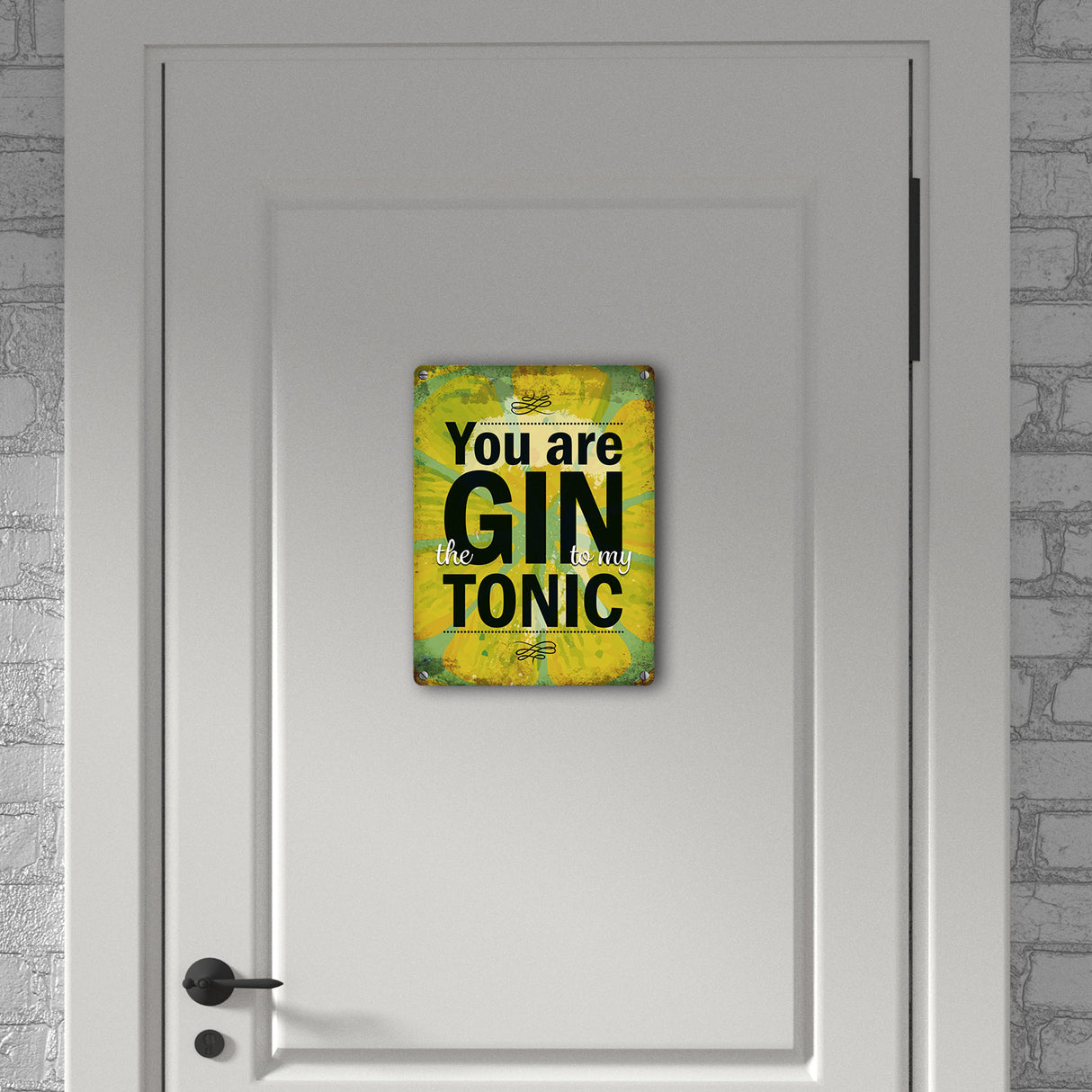 Metallschild mit Gin Tonic Motiv und Spruch: Gin to my Tonic