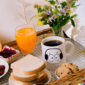 Tassengesichter Kaffeebecher mit Kopfhörer Motiv