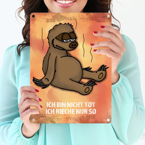 Metallschild mit Faultier Motiv und Spruch: Ich bin nicht tot, ich rieche ...