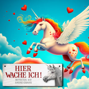 Metallschild mit Einhorn Motiv und Spruch: Betreten auf eigene Gefahr ...