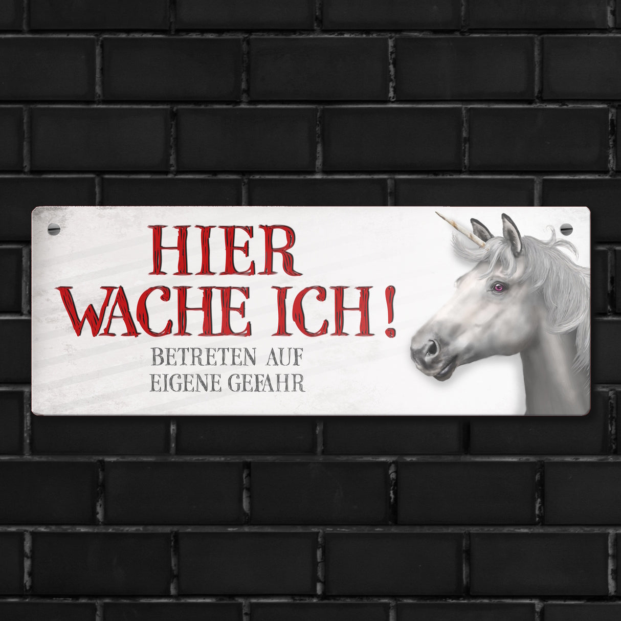 Metallschild mit Einhorn Motiv und Spruch: Betreten auf eigene Gefahr ...