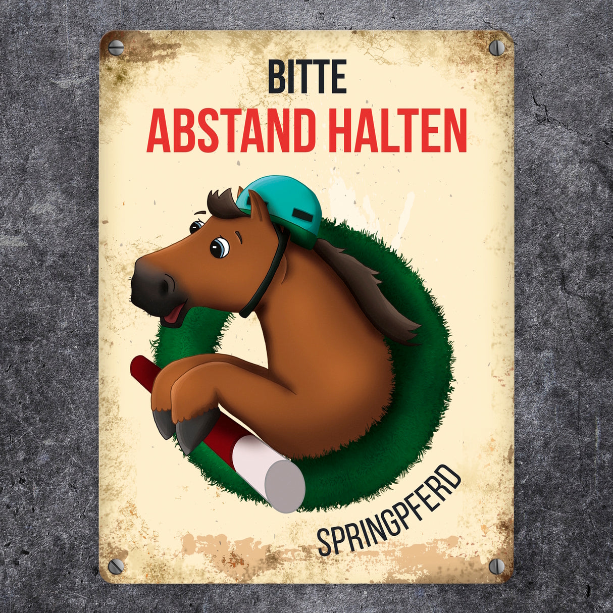 Bitte Abstand halten - Springpferd Metallschild
