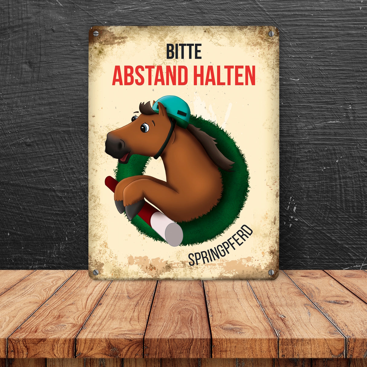 Bitte Abstand halten - Springpferd Metallschild