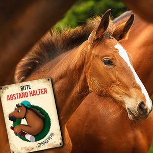 Bitte Abstand halten - Springpferd Metallschild