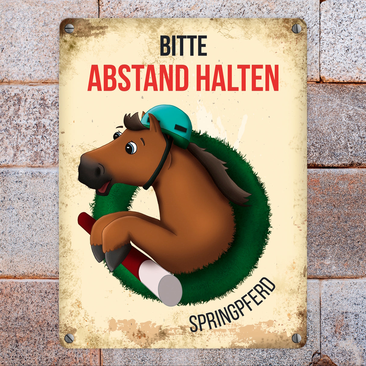 Bitte Abstand halten - Springpferd Metallschild