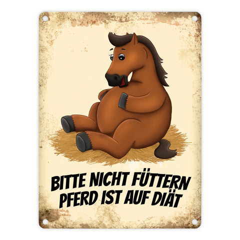 Metallschild mit Pferde Motiv und Spruch: Bitte nicht füttern - Pferd ist auf Diät