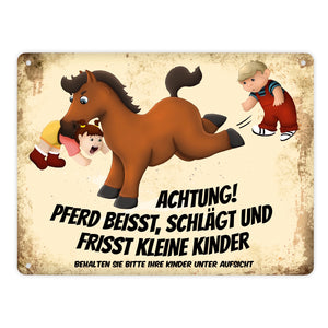Metallschild mit Pferde Motiv und Spruch: Achtung! Pferd beisst schlägt und frisst kleine Kinder! Warnschild für die Koppel