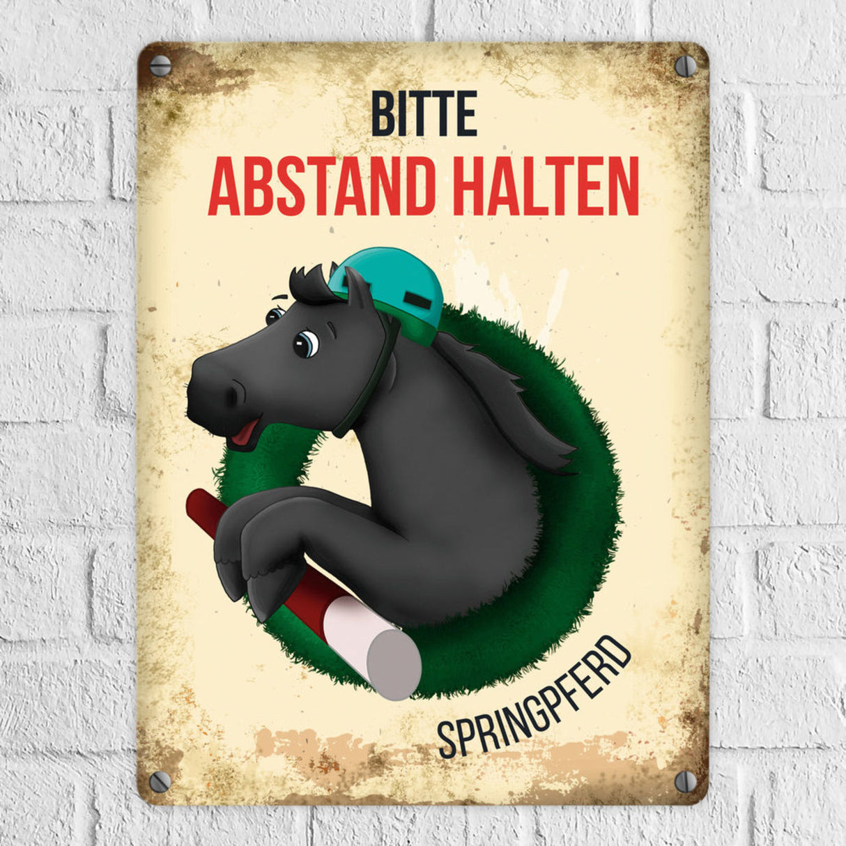 Bitte Abstand halten - Springpferd Metallschild