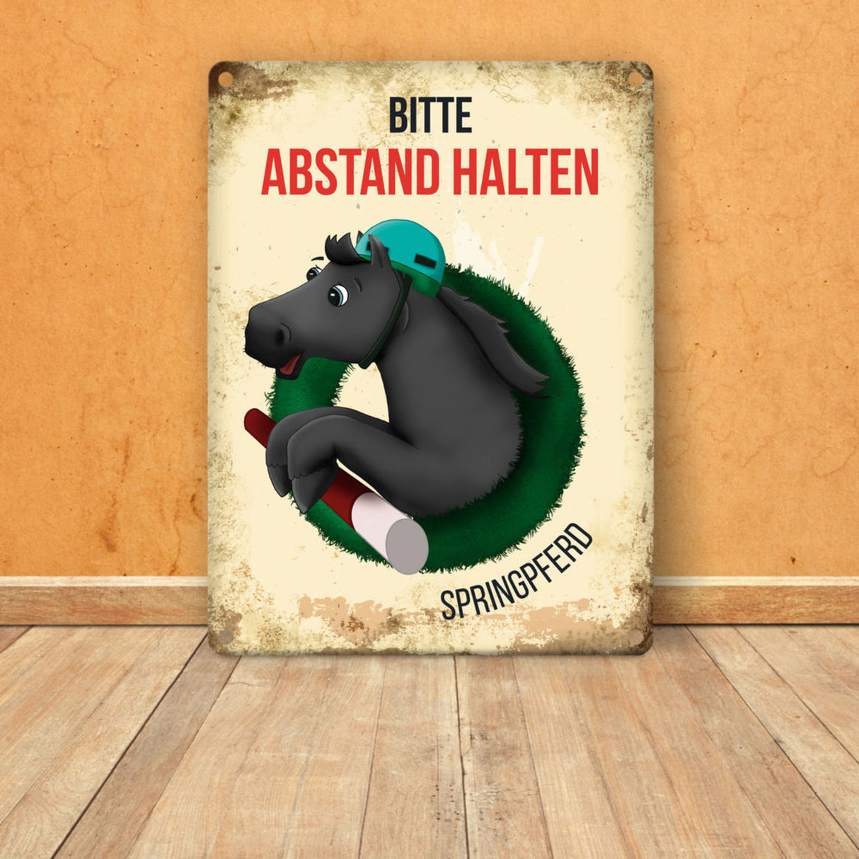 Bitte Abstand halten - Springpferd Metallschild