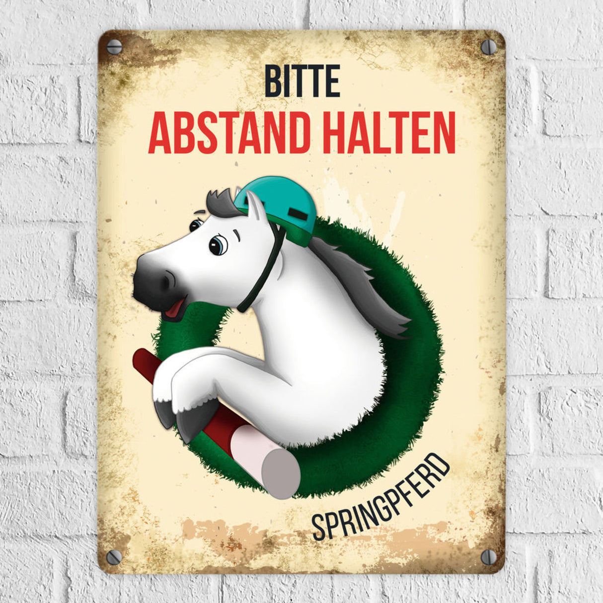 Bitte Abstand halten - Springpferd Metallschild