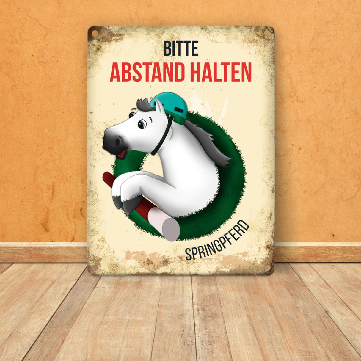 Bitte Abstand halten - Springpferd Metallschild