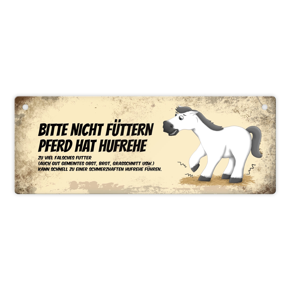 Metallschild mit weißem Pferd Motiv und Spruch: Bitte nicht füttern - Hufrehe