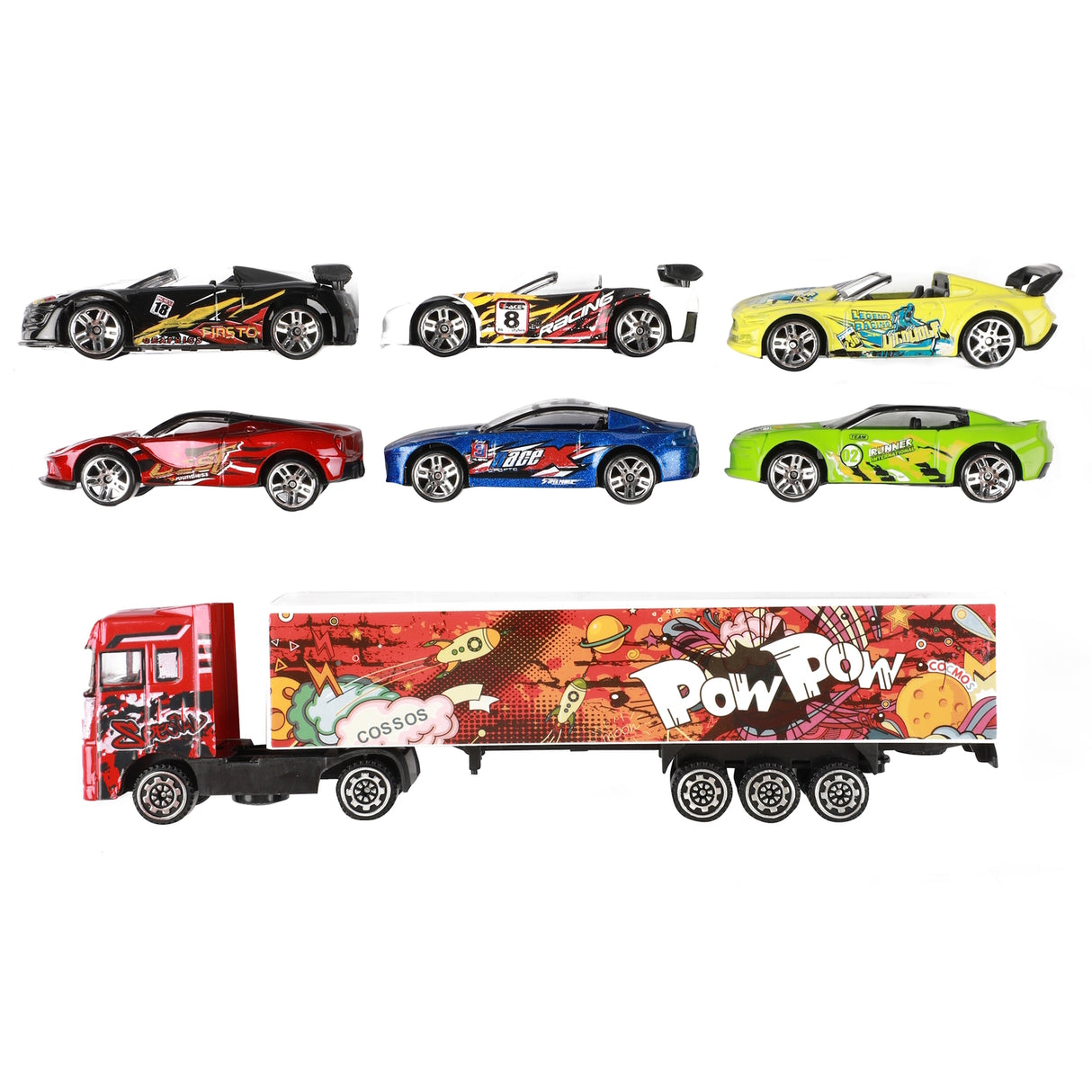 LKW Spielzeugauto mit 6 Sportwagen in bunten Farben