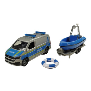 Volkswagen VW Polizei-Van mit Boot und Anhänger Spielzeug Polizeiauto mit Pull Back Motor