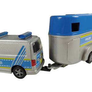 Volkswagen VW Polizei-Van mit Pferdeanhänger und Pferden Spielzeug Polizeiauto mit Pull Back Motor