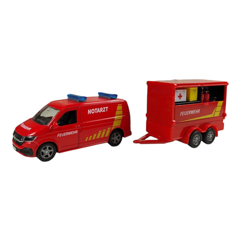 Volkswagen VW Feuerwehr Van mit Anhänger Spielzeug Volkswagen Feuerwehrauto mit Pull Back Motor