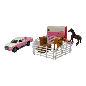 Mitsubishi Pickup im Set mit Pferdeanhänger Spielzeugauto mit Pull Back Motor und Zubehör