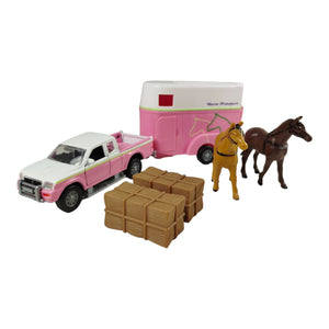 Mitsubishi Pickup im Set mit Pferdeanhänger Spielzeugauto mit Pull Back Motor und Zubehör